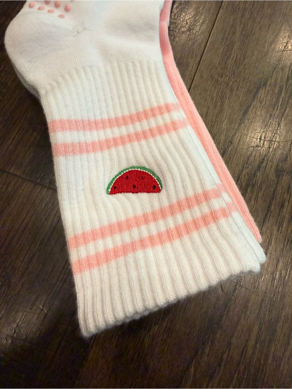 Wildfox White Crew Grip Socks with Pink Trim and Watermelon Patch - Picture 5 of 9